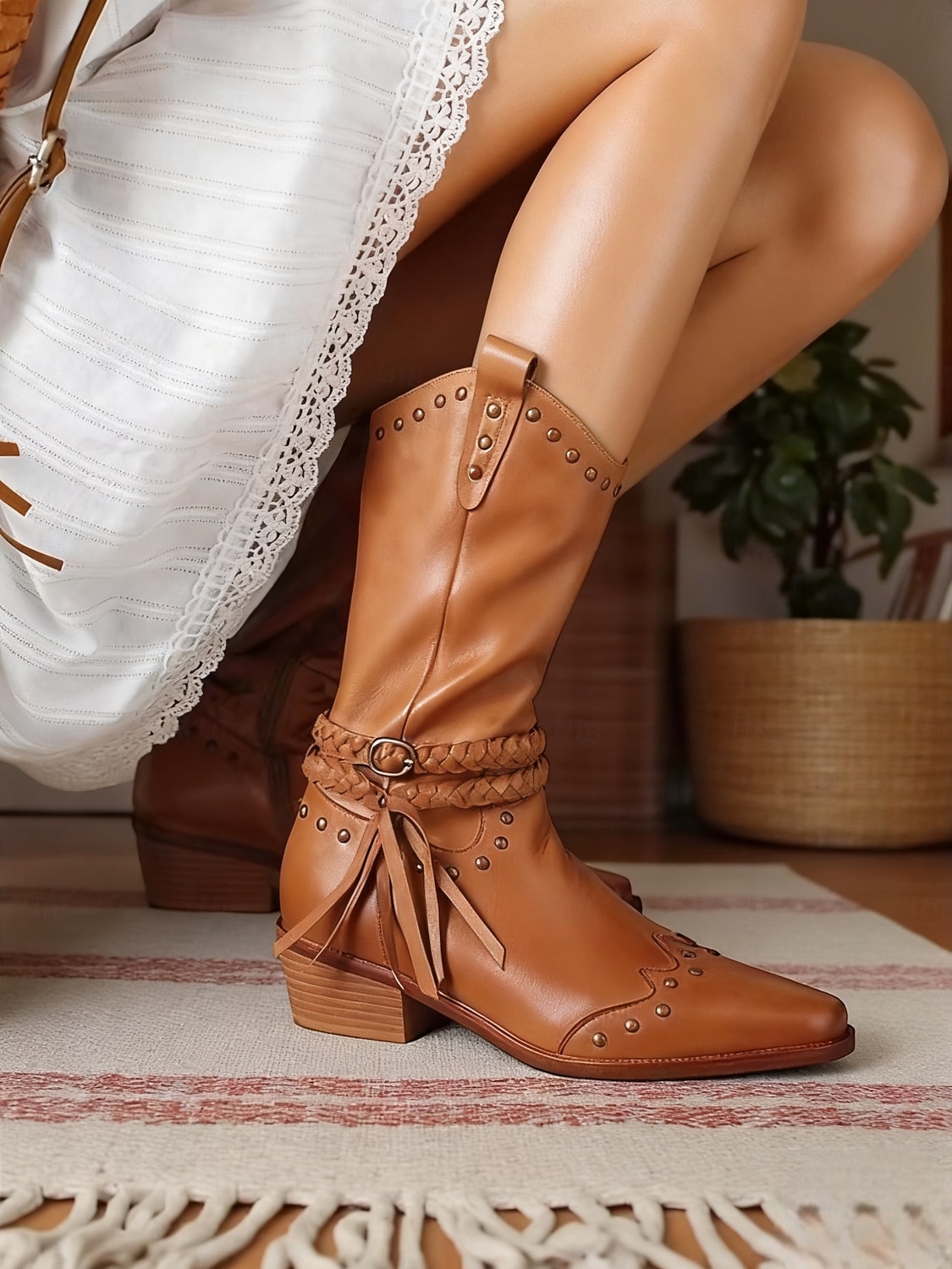 botas de cowboy femininas com tira trançada e detalhes de tachas, calçados estilosos para passeios casuais e eventos com tema western de 2025 por $42.99 –P6