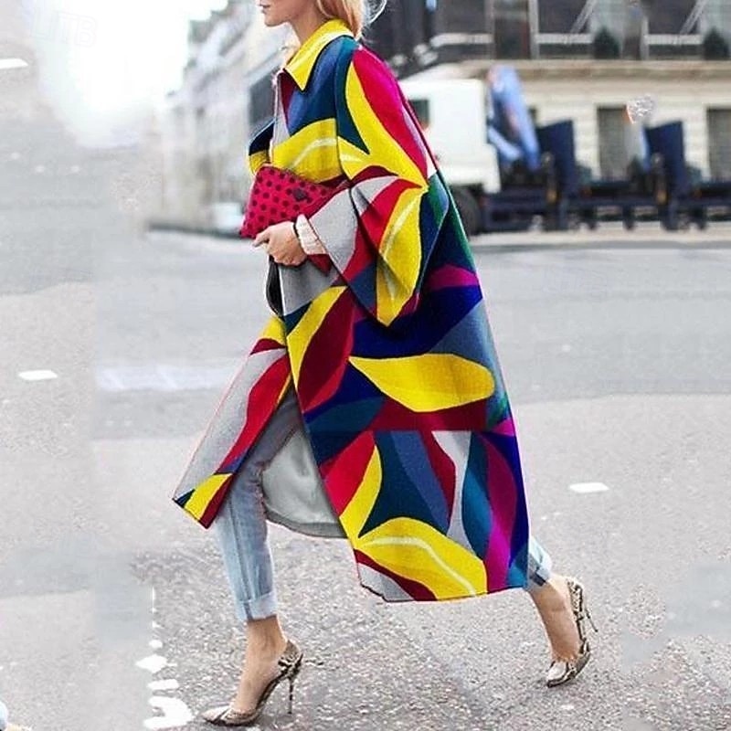 Dam Kappa Trenchcoat Håller värmen Bekväm Mönster Mode Modern Ledigt Geometrisk Utekväll Helgen Lång Nedvikt Normal Långärmad Ytterkläder Gul Grön Mörkblå Vinter 2025 - $39.99 –P3
