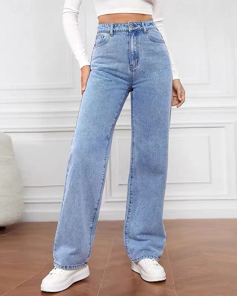 Dame Jeans kinesisk Rett Ferie Årgang Gatemote Full lengde Middels midje عادي Lomme Elastisk midje Bekvem Uelastisk Mikroelastisk utendørs Gate Daglig Svart Grå Marine Svart Hvit Høst Vinter Normal 2025 - $9.99 –P1