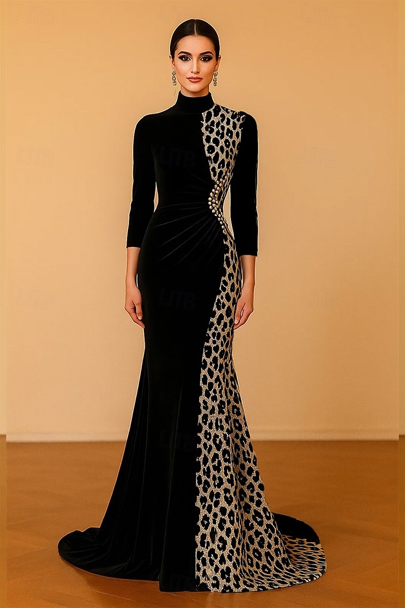Robe de soirée sirène/trompette en velours extensible noir à imprimé léopard, élégante robe de soirée formelle, traîne de balayage/pinceau, manches 3/4, col haut avec perles froncées 2025 de 2025 ? $159.99 –P1