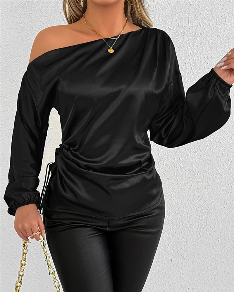 Mulheres Camisa Social Elegant Elegante Top de cetim Assimétrico Tecido à moda Casual Manga Longa ombro frio Tops regulares Diário Para Noite Preto Verde Primavera Outono de 2026 por $28.99 –P4