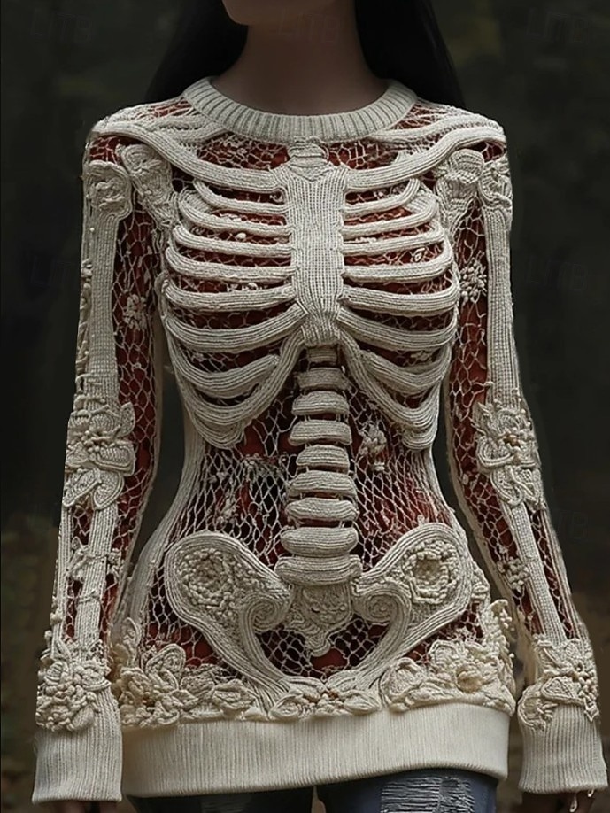 Halloween Damenpullover Skelett Mode Lässig Grafik Skelett Rundhalsausschnitt Patchwork Gestrickte Lange Ärmel Reguläre Oberteile Strick Schwarz Rosa Herbst Winter 2025 - $29.99 –P2