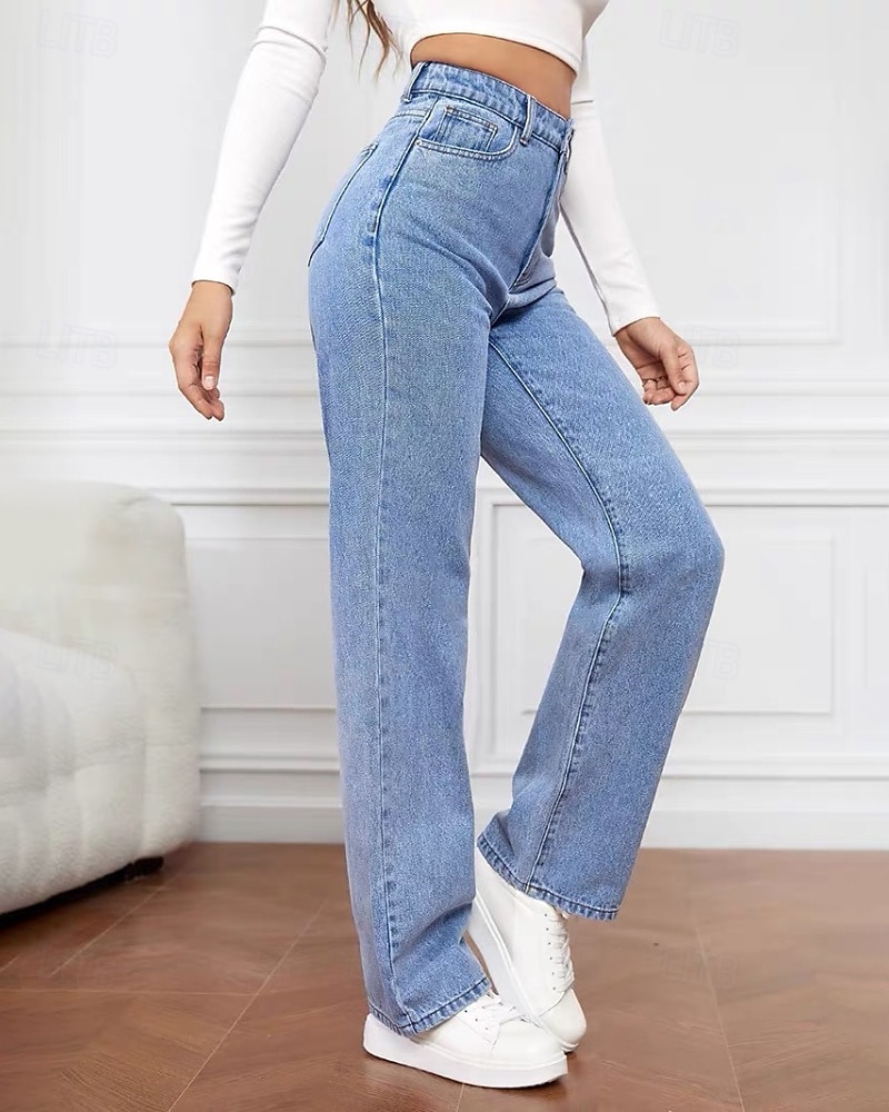 Dame Jeans kinesisk Rett Ferie Årgang Gatemote Full lengde Middels midje عادي Lomme Elastisk midje Bekvem Uelastisk Mikroelastisk utendørs Gate Daglig Svart Grå Marine Svart Hvit Høst Vinter Normal 2025 - $9.99 –P7