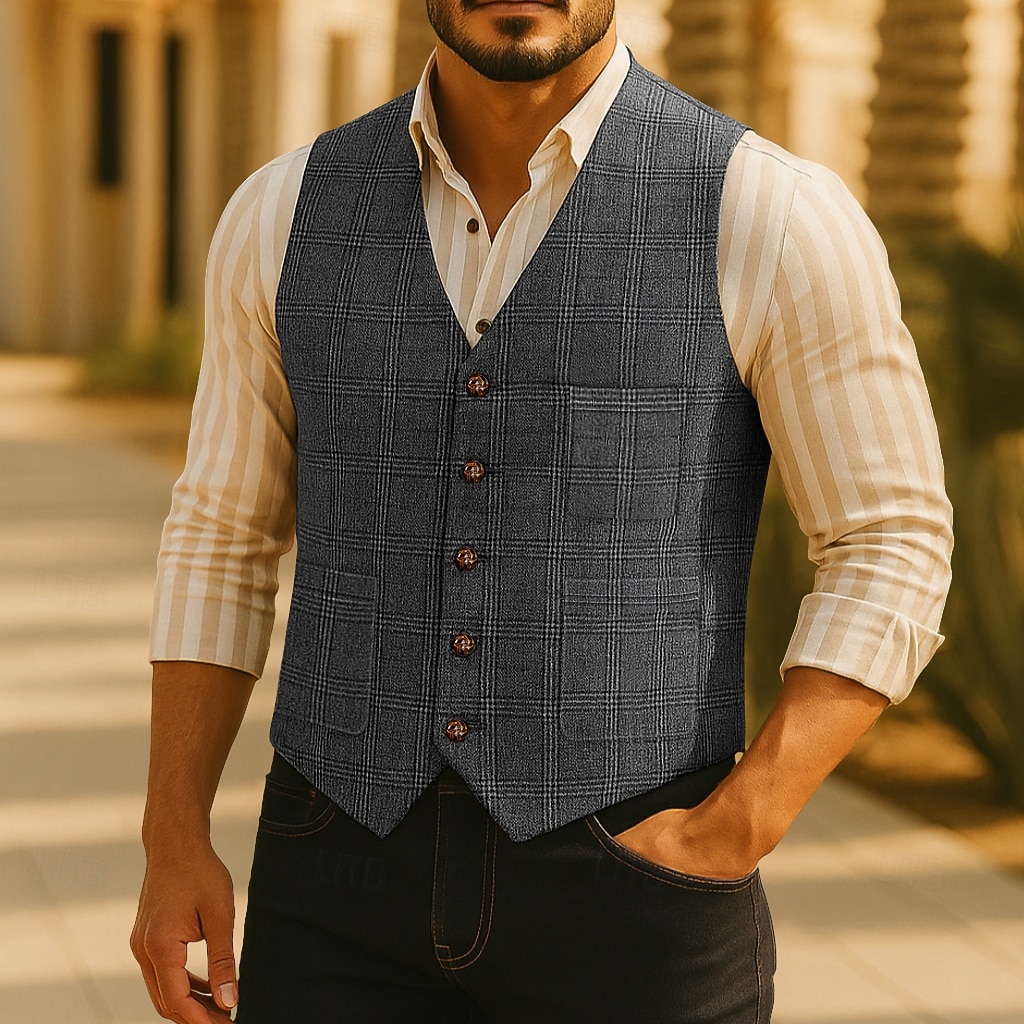 Herren Weste Tweedweste Formell Hochzeit Urlaub Lässig Mode Klassisch Frühling Herbst Tasche Knöpfe Polyester Webfaser Bequem Karomuster Einreihig V Ausschnitt Normale Passform Schwarz Champagner 2025 - $39.99 –P7