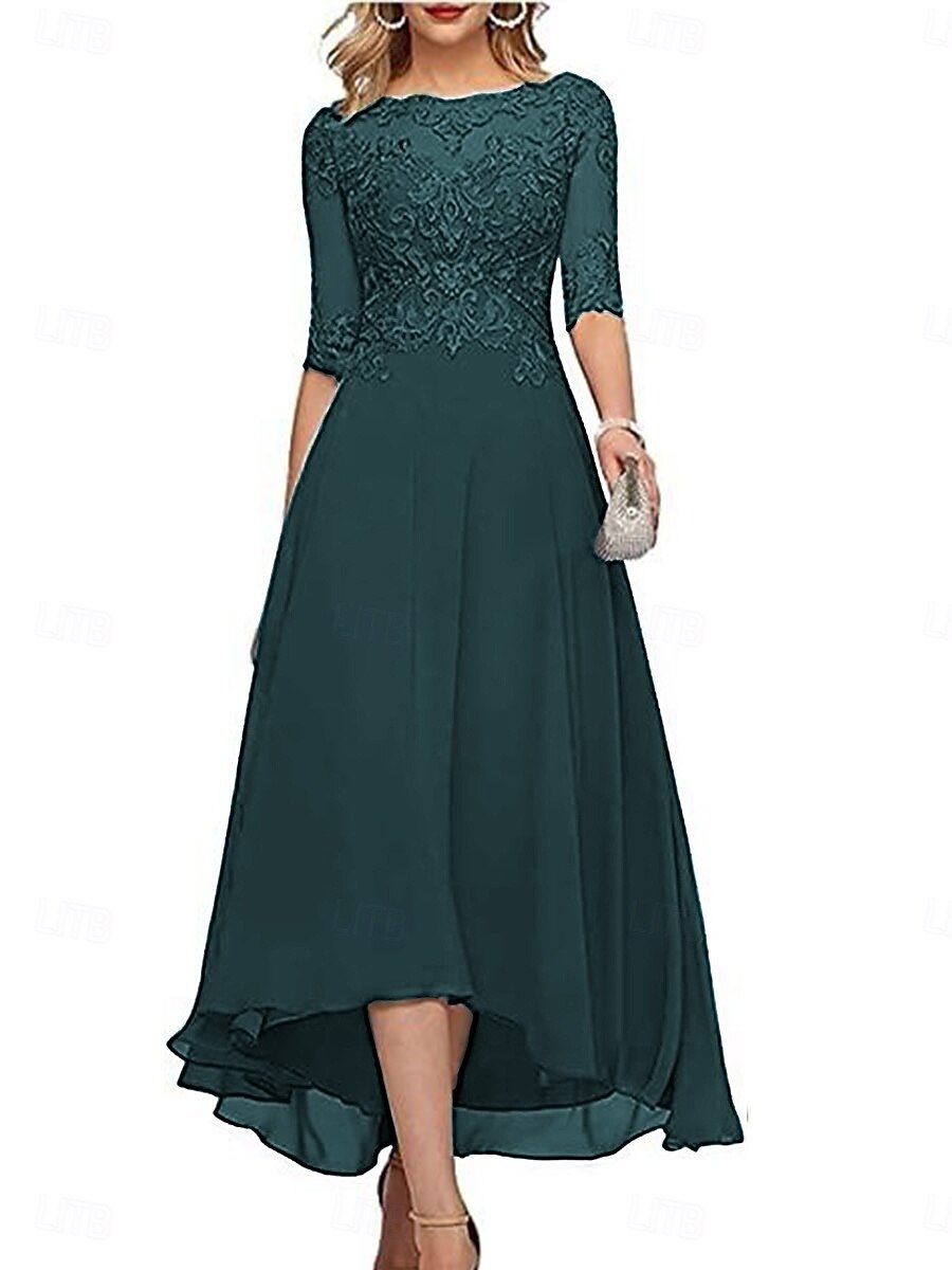 Robe A-Line mère de la mariée invitée de mariage formelle élégante col rond longueur de sol en chiffon à demi-manches avec couleur unie de 2025 ? $139.99 –P18