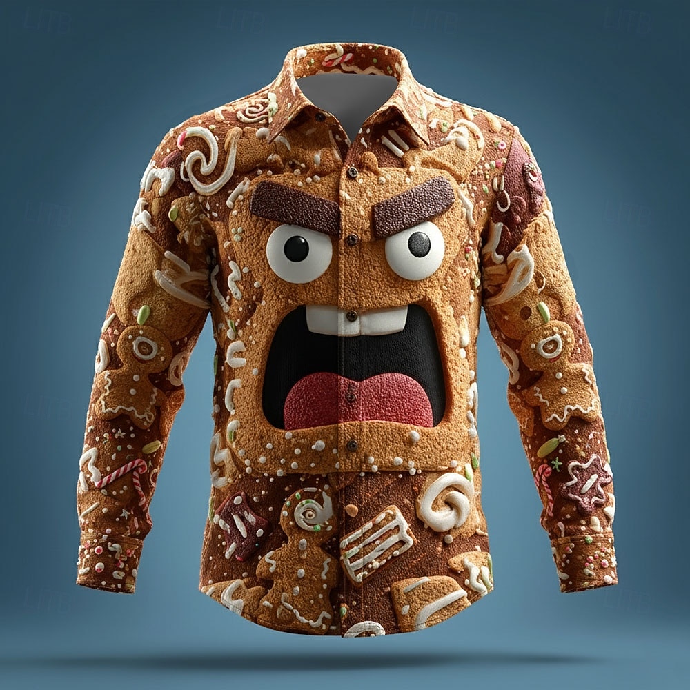 Navidad Hombre Dibujo 3D Cara de la sonrisa hombre de pan de jengibre Camisa Abotonar la camisa Manga Larga Gracioso Exterior Festivos Primavera Otoño Cuello Vuelto Impresión 3D camisas con cuello 2025 - $26.99 –P3