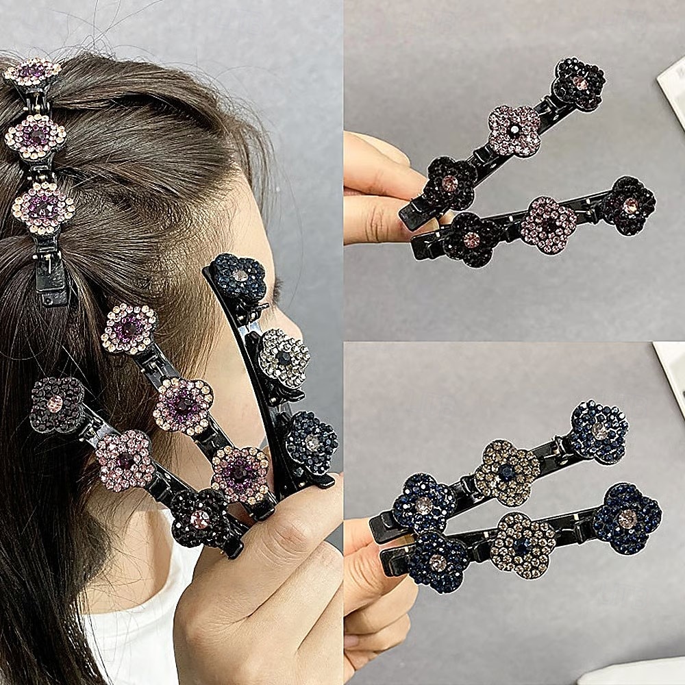 Paquete de 4 pinzas para el pelo trenzadas con piedras de cristal brillantes, horquillas laterales para mujer, pasadores con flequillo, elegantes accesorios decorativos para el cabello, herramientas para arreglar el cabello roto, uso diario. 2025 - $9.99 –P4