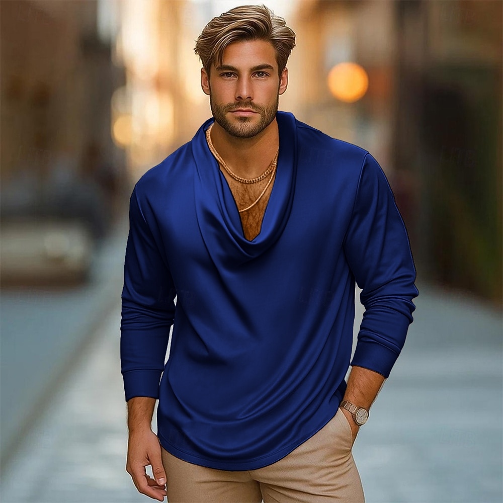 Per uomo Camicia Come la seta Camicia in raso Camicia casual Tinta unica Matrimonio Vacanza Bianco Blu marino Oro Manica Lunga Collo di pile Autunno Primavera & Autunno Abbigliamento Arricciato del 2025 a $21.99 –P3
