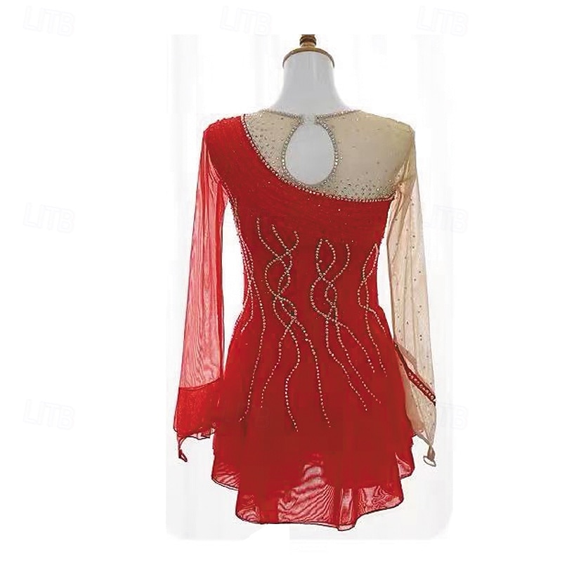 Kjole til kunstløp Dame Jente Skøyteløp Kjoler Rød Lapper Tommelhull Netting Spandex Elastisk Trening Profesjonell Konkurranse Skøyteklær Hold Varm Krystall / Rhinstein Langermet Skøyting Kunstløp 2025 - $257.69 –P2