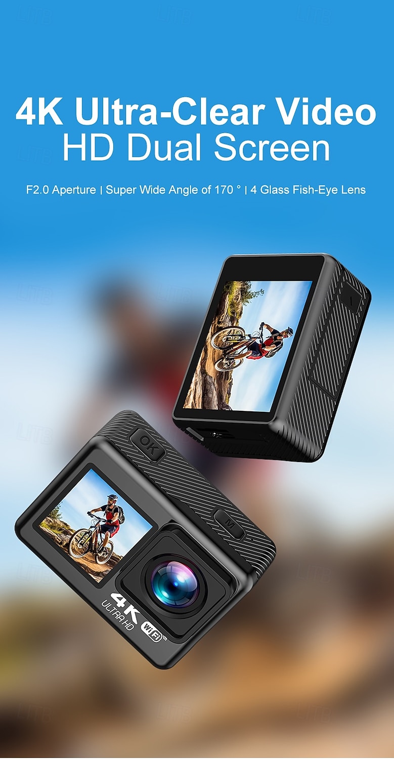 Cameră sport impermeabilă de înaltă definiție 4k cu ecran dublu pentru ciclism, scufundări și fotografie aeriană, aparat de înregistrare foto și video integrat cu conectivitate mobilă wifi și 2026 - $76.99 –P1