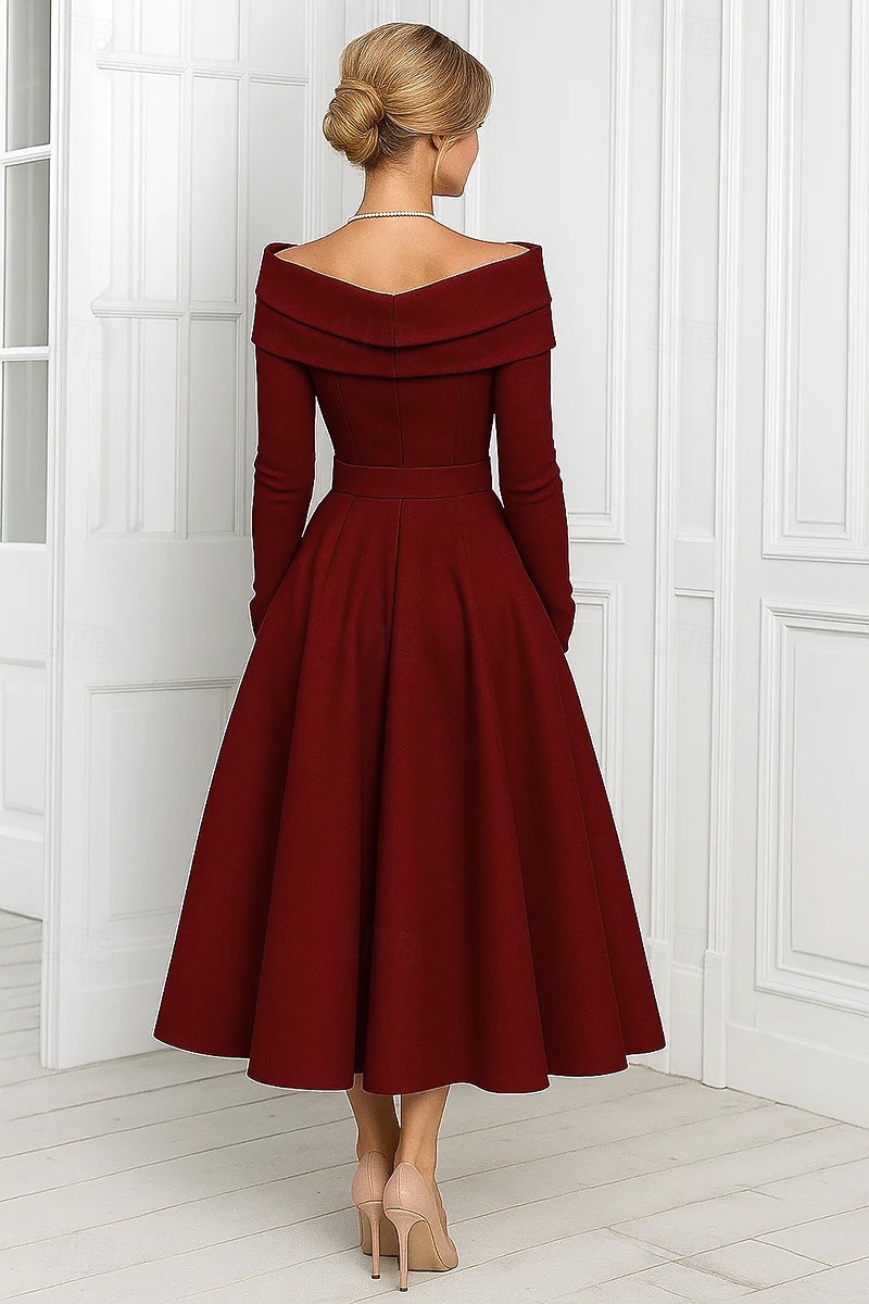A-Line Tea Length Cocktail Dresses Party Dresses Elegant Long Sleeve Off Shoulder Garden Party Wedding Stretch Satin with Pleats