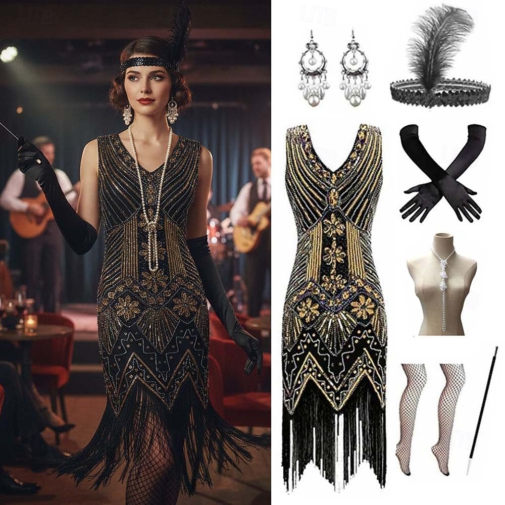 Roaring 20s 1920s Knee Length Dress Flapper Dress Fancy Costume Plus Size Sleeveless The Great Gatsby Charleston Sequins Tassel Fringe Feather V Neck