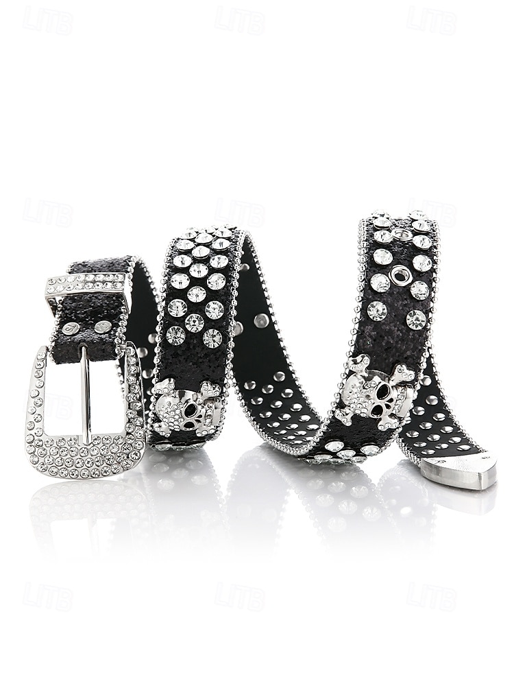 Ceinture unisexe Halloween en strass avec tête de mort – Accessoire de taille en similicuir punk rock scintillant pour fêtes, concerts et costumes de 2025 ? $18.99 –P4