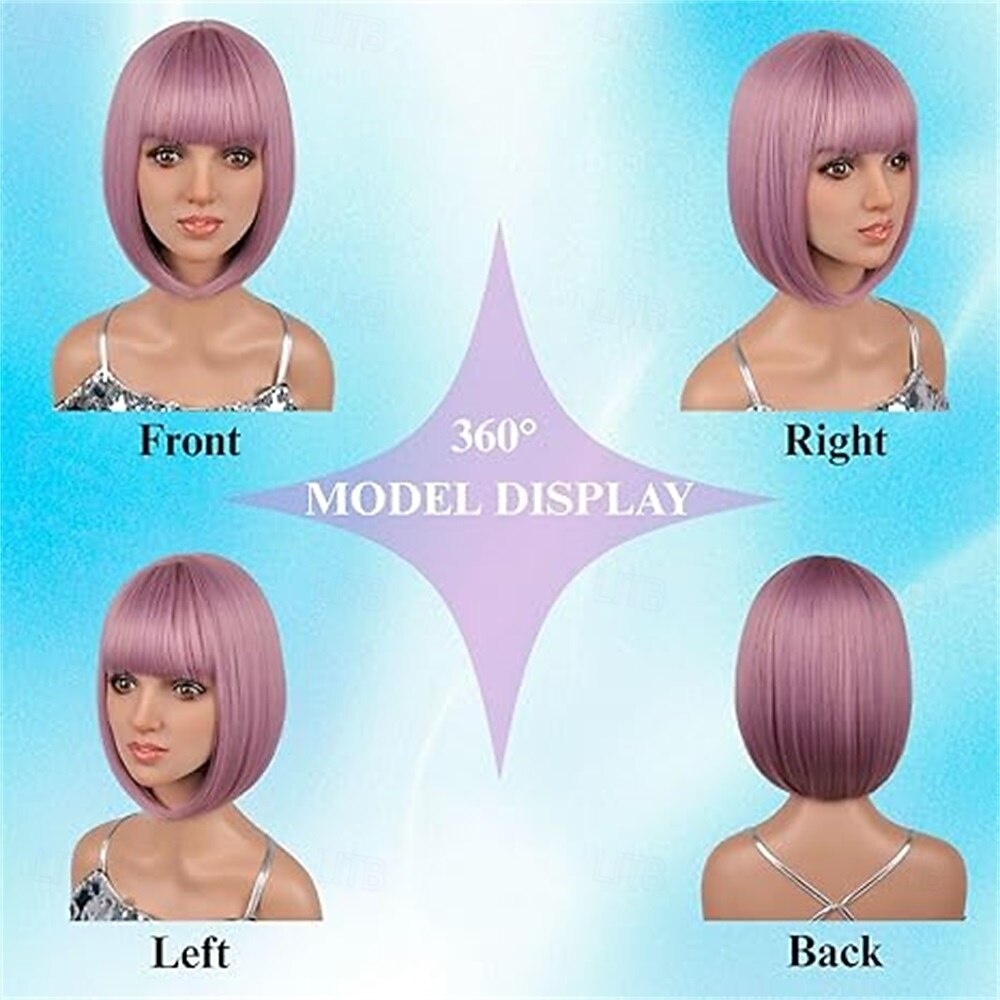 12 Inch Short Bob Pink Mixed Purple Wig with Bangs Colorful Wig for Halloween Daily Cosplay & Party Use Heat Resistant Straight Synthetic Cosplay Party Wigs for Women Purple Pink 2026 - $16.49 –P2