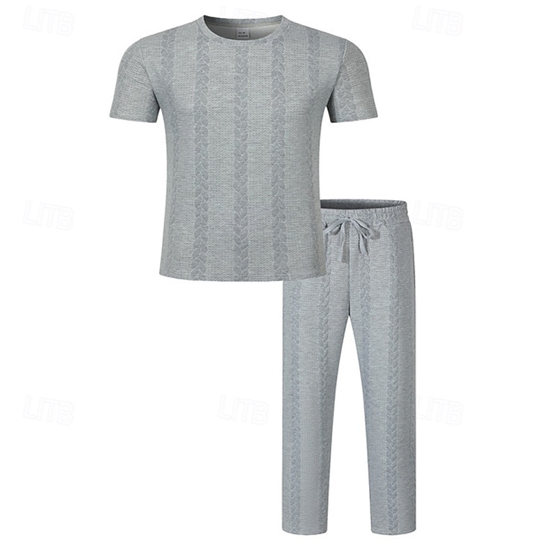 Bărbați Costume de tricou Seturi de cămașă și pantaloni tinute 2 piese Manșon scurt Crewneck Vară Primăvară Simplu Modă Casual Jacquard 2 bucăți Vacanță Purtare Zilnică Ieșire Negru Alb Kaki Top 2026 - $34.99 –P8