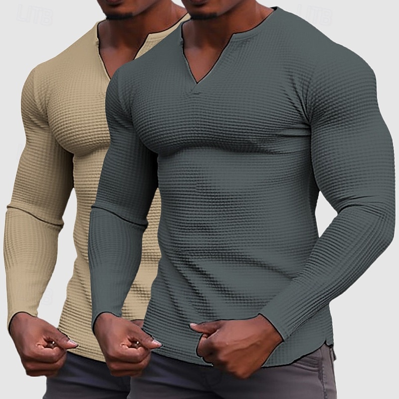 Homens Camisa Waffle Camiseta T-shirt Camisa de manga longa Manga Longa Decote V Henley Primavera & Outono Todas as Estações Tecido Moda Designer Básico 2 Peças Multi-pack Férias Rua Casual C D E Top de 2026 por $32.99 –P6