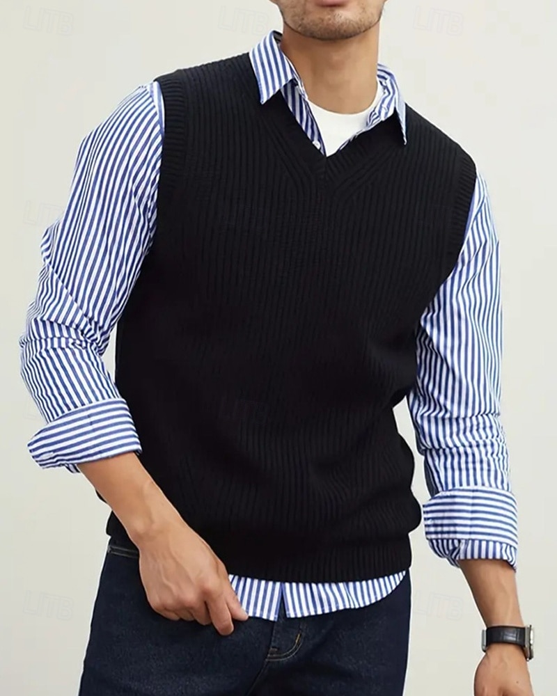 Men's Sweater Vest Dress Sweater Pullover Sweater Jumper Vest Knit Sweater Ribbed Knit Regular Tops Knitted Plain V Neck Fashion Casual Vacation Daily Wear Clothing Apparel Fall Winter Black Green S 2025 - $22.99 –P10
