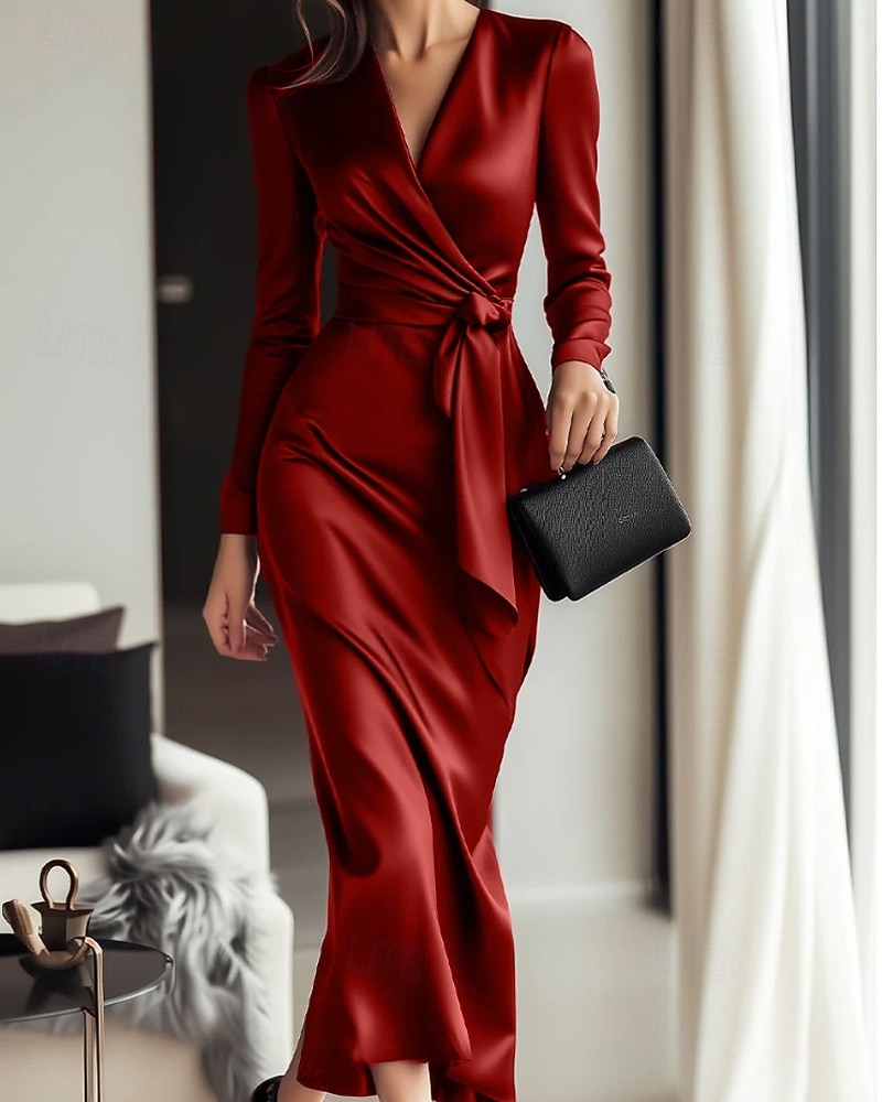 Damen Midikleid Partykleid Cocktailkleid Satinkleid Elegant Modern Party Abendgesellschaft Normale Passform Einfach Langarm V Ausschnitt Schwarz Wein Herbst Winter 2025 - $34.99 –P4