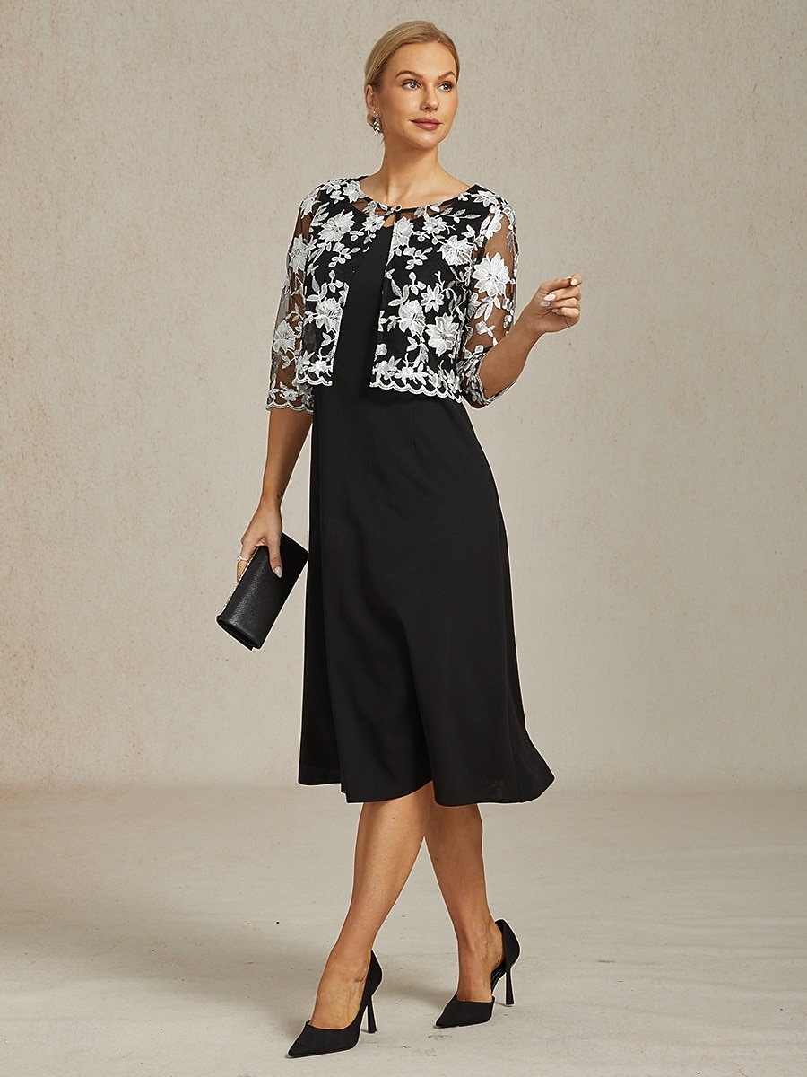 Dam Kavaj Lättvikt Spets Broderad Elegant Blommig Formell Kort Rund halsringning Normal 3/4 ärm Ytterkläder Svart Sommar Vår 2025 - $49.99 –P5
