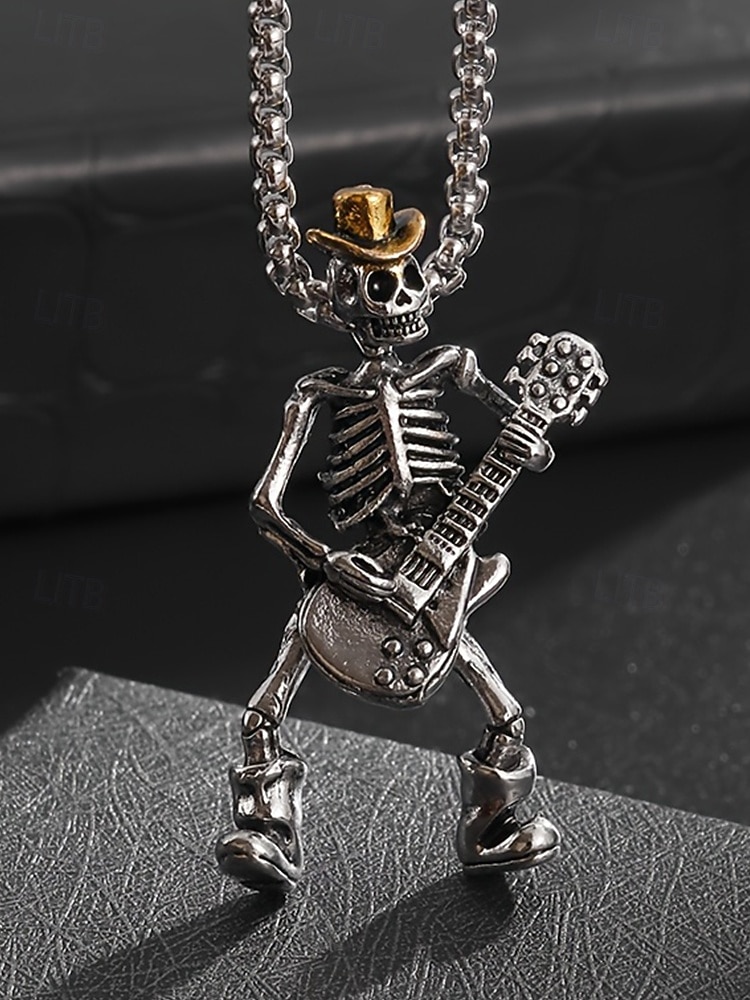Collar con colgante de guitarra y calavera de Halloween para hombre, cadena de metal estilo rock punk, ideal para fiestas, conciertos y vida nocturna. 2025 - $9.99 –P3