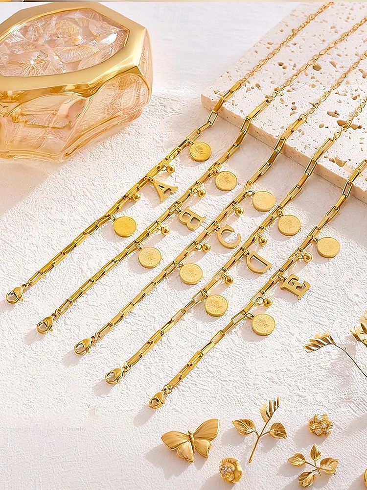 Dámský pozlacený náramek s písmeny abecedy a přívěsky v podobě mince a kuličky, nastavitelný řetízek, stylový vánoční dárek pro ni, personalizovaný šperk. 2026 - $9.99 –P4