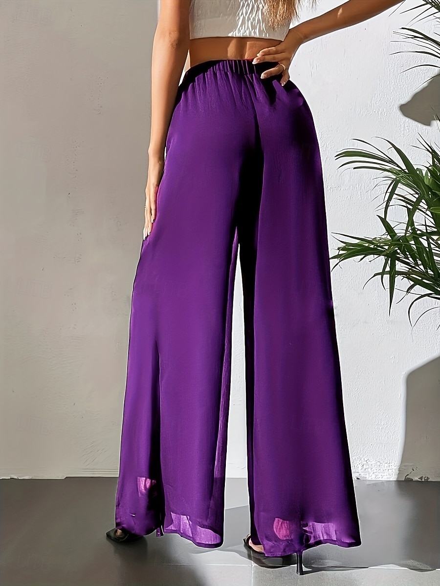 Mulheres Perna larga chinês Moda Roupa de rua Básico Comprimento total Cintura Alta Tecido Cintura elástica Confortável Macio Com Stretch Ao ar livre Rua Casual Marron Escuro Vinho Preto Branco Verão de 2025 por $26.99 –P2