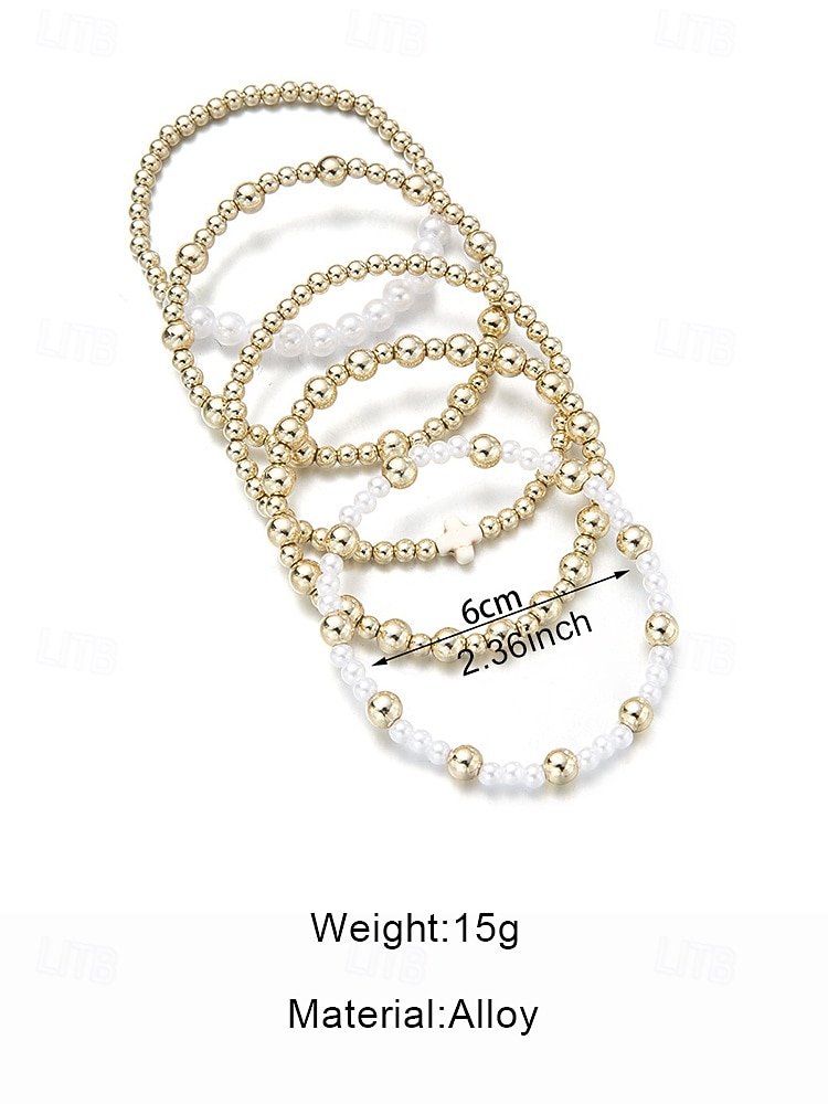 Women's Pearl and Gold Bead Bracelet Set – 6Pcs Stretch Layered Beaded Bangles, Elegant Fashion Jewelry for Parties, Weddings & Daily Wear 2026 - $7.99 –P6