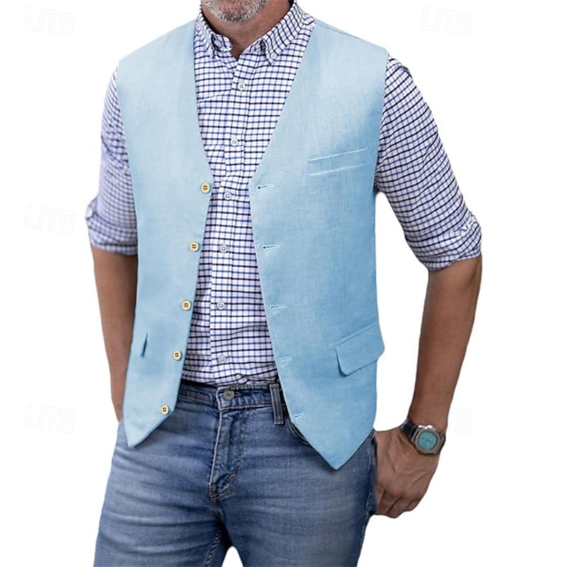 Per uomo Gilet Vacanza Feste Affari Moda Casual Primavera Autunno Tasca Bottoni 75% cotone Confortevole Semplice Monopetto Un Bottone Scollo a V Vestibilità regolare Argento Nero Bianco Champagne del 2025 a $39.99 –P1