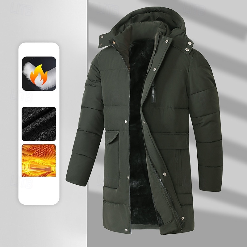 Men's Winter Coat Puffer Jacket Fleece Jacket Padded Jacket Pocket Polyster Vacation Daily Wear Date Long Fashion Casual Comfortable Thermal Warm Fall Winter Solid / Plain Color Black Blue Army Green 2026 - $59.99 –P3