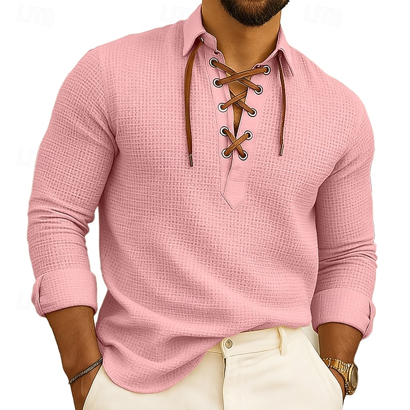 Herren Hemd Sommerhemd Freizeithemd Knopfhemd Waffelstrickhemd Schwarz Rosa Blau Grün Langarm Einfach Revers Urlaub Lässig Kordelzug Bekleidung Mode Lässig Bequem 2025 - $23.99 –P5