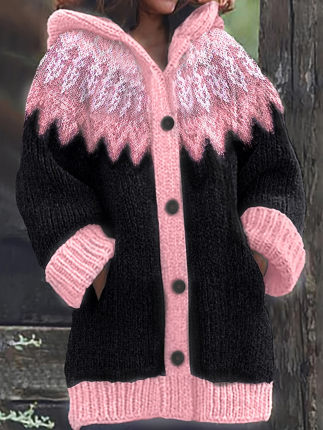 Dame Kofte Daglig Fritid Grafisk Geometrisk Riflet Med hette Lomme Knapper Trykt mønster Langermet Lange topper Strikke utendørs Helg Rosa Blå Høst Vinter 2025 - $49.99 –P1