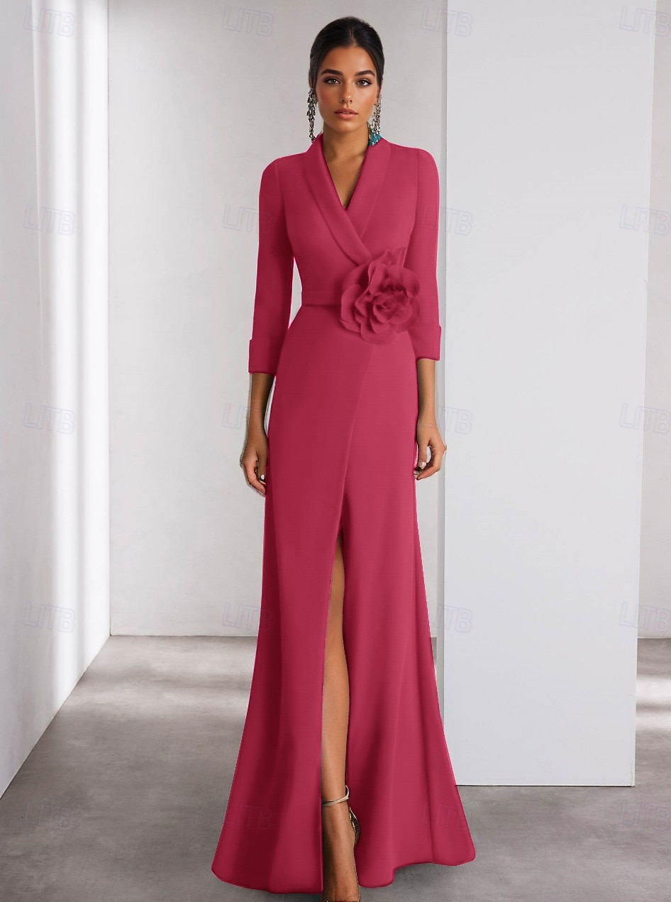 A-linjeformad aftonklänning Elegant klänning formell bröllop golvlängd lång ärm skjortkrage stretch crepe med slits axelblomma 2025 - $139.99 –P3