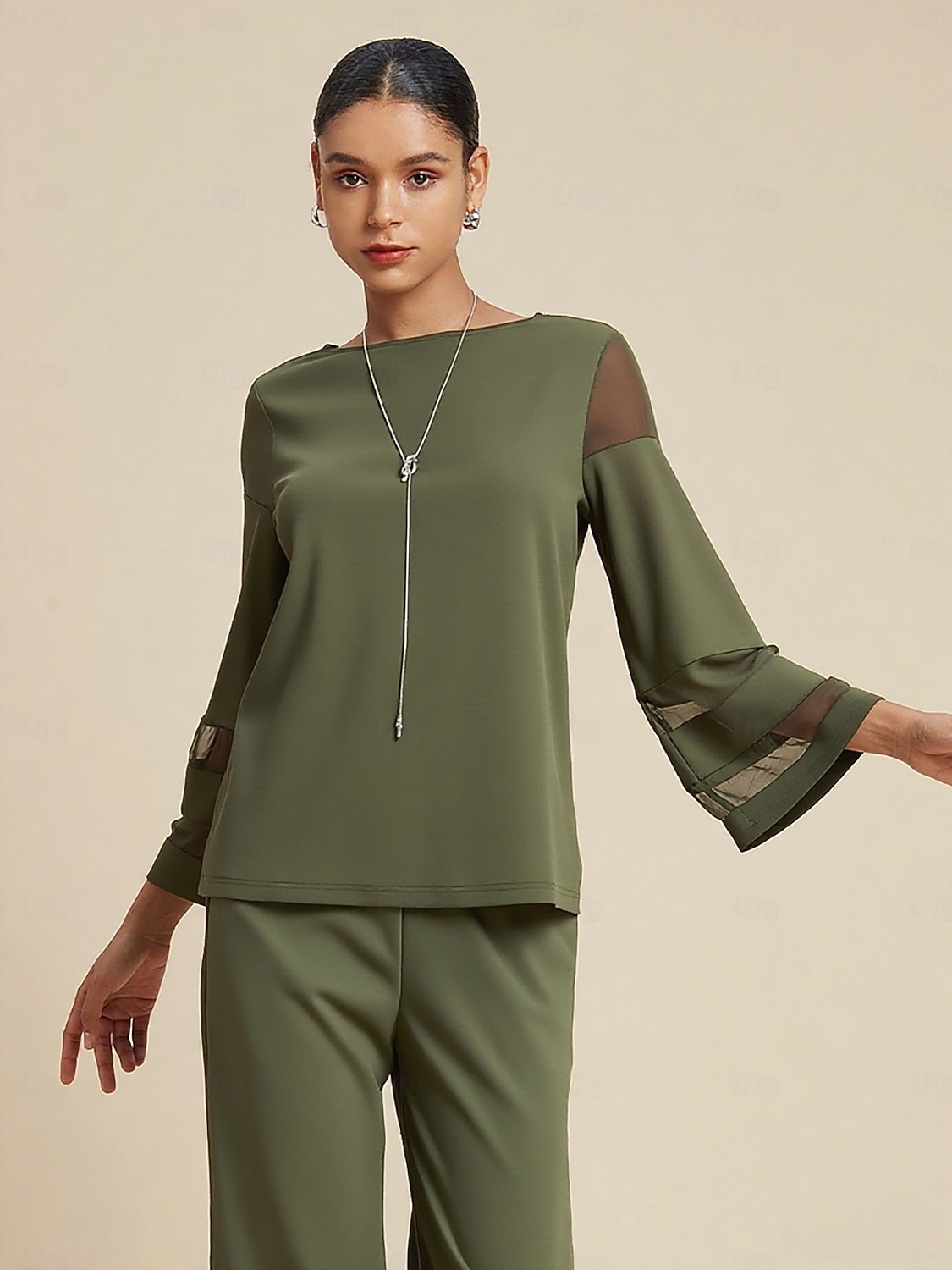Damen-Army-Grün Tencel Roma Mesh-Ärmel Patchwork Rundhalsausschnitt Acht Ärmel kurze Bluse 2025 - $61.99 –P1