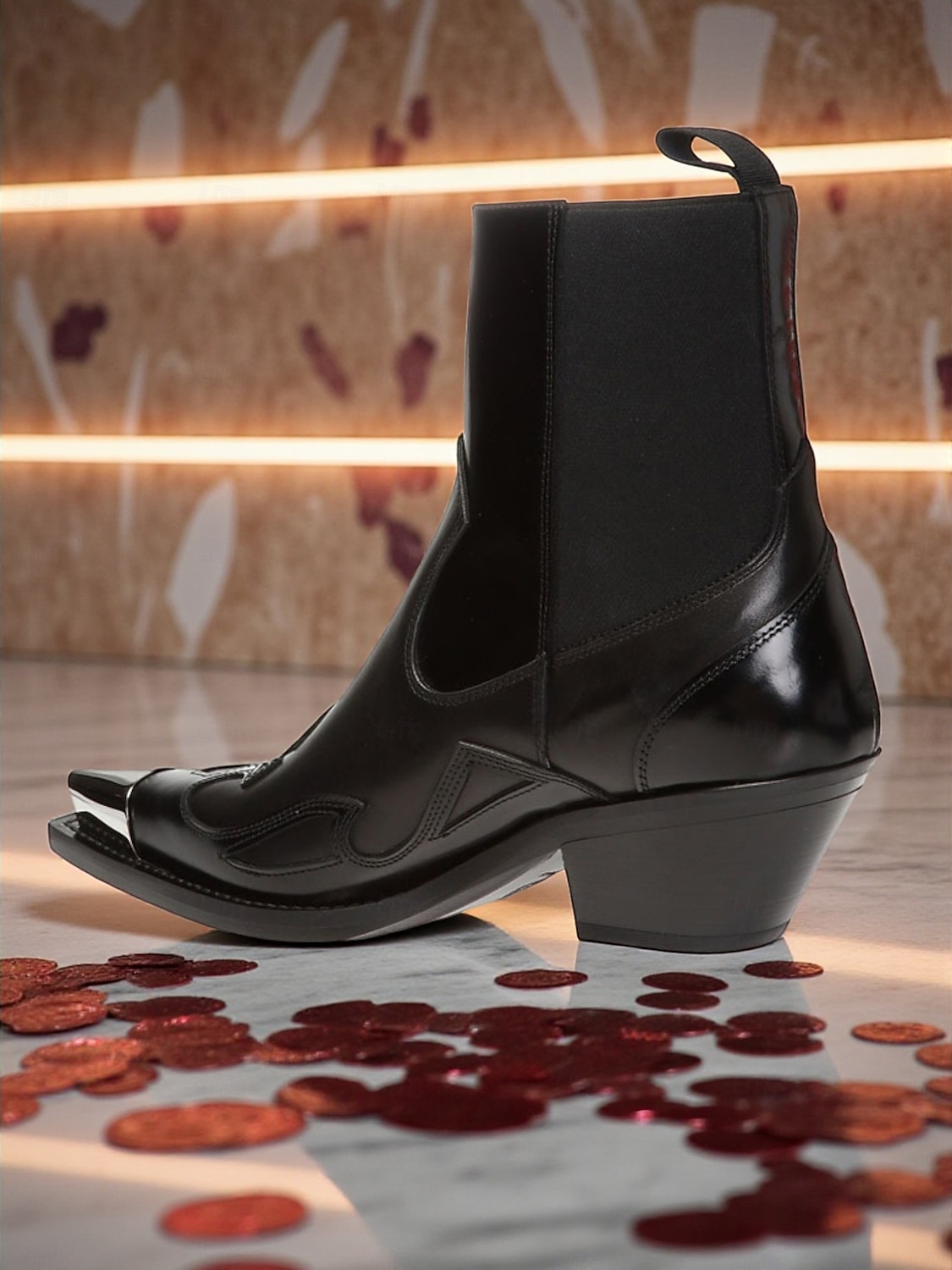 2025年 ゴールドのスタッズとメタルトゥが付いたレディースのブラックレザーウエスタンアンクルブーツ - ファッションストリートウェアやパーティーに最適なカウボーイスタイルのチャンキーヒールブーツ  コレクション – $109.99 –P11