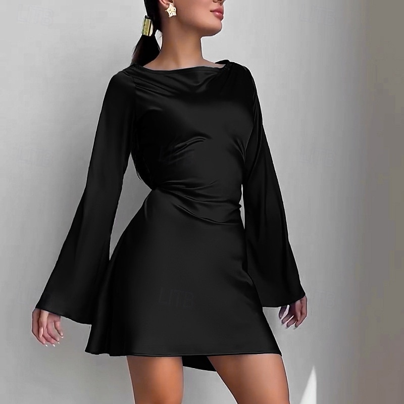 Damen Minikleid Partykleid Cocktailkleid Satinkleid Elegant Modern Party Abendgesellschaft Cocktailparty Normale Passform Einfach Langarm Rundhalsausschnitt Schwarz Blau Herbst Winter 2025 - $27.99 –P4