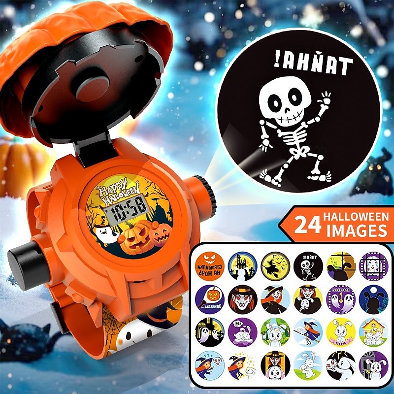 Orologio da polso digitale con proiezione spettrale di Halloween, 24 divertenti disegni di cartoni animati, con copertura di zucca luminosa - fantastico regalo per le feste &bomboniera per ragazzi e del 2025 a $27.99 –P1