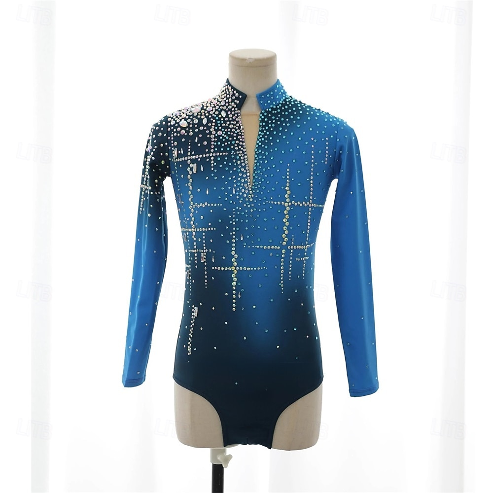 Figure Skating Top Men's Boys' Ice Skating Tops Blue Patchwork Spandex High Elasticity Training Competition Skating Wear Classic Crystal / Rhinestone Long Sleeve Ice Skating Figure Skating 2026 - $338.09 –P1