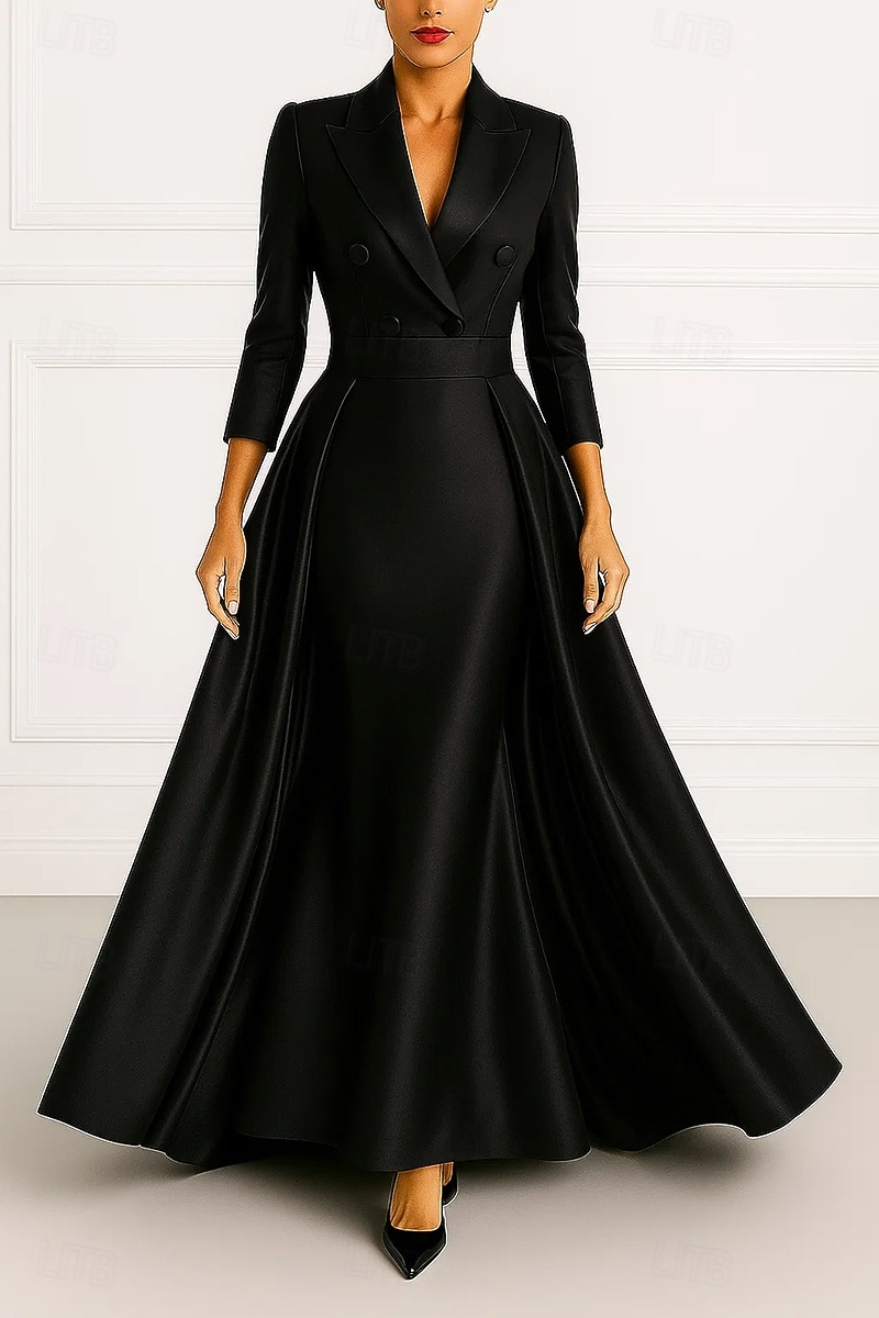 Szmoking ruha A-vonalú Magas-alacsony szárú ruha Előírásos Esküvő Esküvői vendég Sztreccs szatén Elegáns 3/4 ujjú rakott Földig érő Spicc gallér Dupla soros 2025 - $179.99 –P4