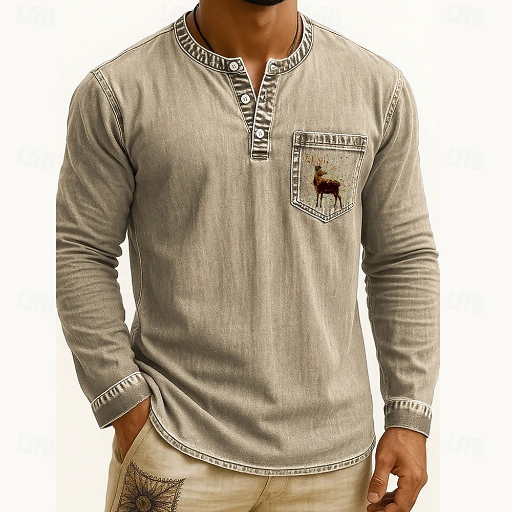 Voor heren Henley-shirt T-shirts T-shirt Shirt met lange mouwen Lange mouw Henley Herfst Winter Rendier Hert Modieus Ontwerper Mode Wijnoogst Vakantie Straat Uitgaan Donker Bruin Marine Zwart Top 2025 - $38.99 –P4