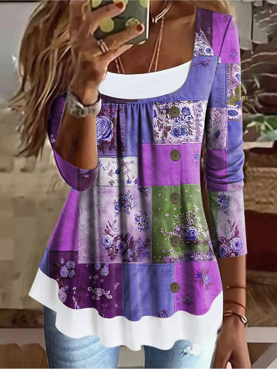 Femmes T-shirt Fleuri Graphique ancien Élégant Classique manche longue Col carré Hauts Longs Quotidien Week-end Patchwork Boutons Imprimé Rouge Bleu Violet Vert Printemps Automne Hiver de 2025 ? $24.99 –P3