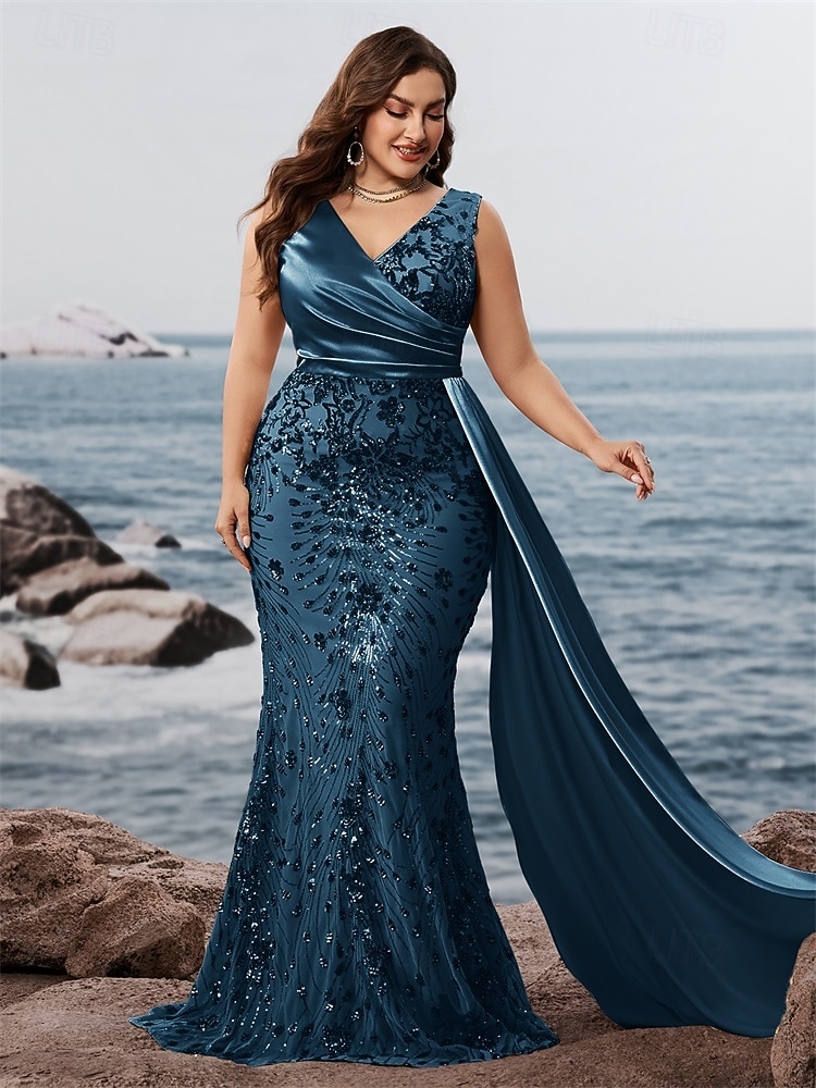 sereia / trompete vestido de noite vestido formal brilhante festa à noite roupa de festa comprimento longo sem mangas decote em v capas com lantejoulas costas em v com xale de lantejoulas de 2025 por $147.99 –P3