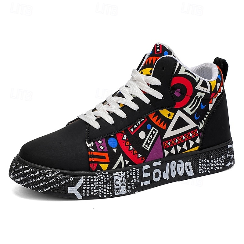 2026年 大胆なデザインのメンズの赤と白のグラフィックハイトップスニーカー。カジュアルな外出、パーティー、普段使いにぴったりのトレンディなストリートスタイル。  コレクション – $34.99 –P3