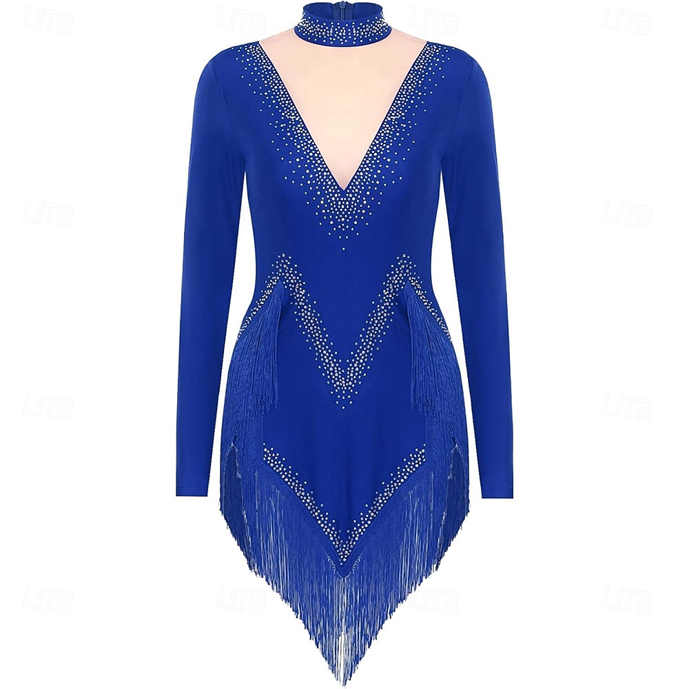 Rochie de dans latino strălucitoare pentru femei, cu mânecă lungă, cu ciucuri, cha cha, salsa, rumba, tango 2025 - $142.99 –P7