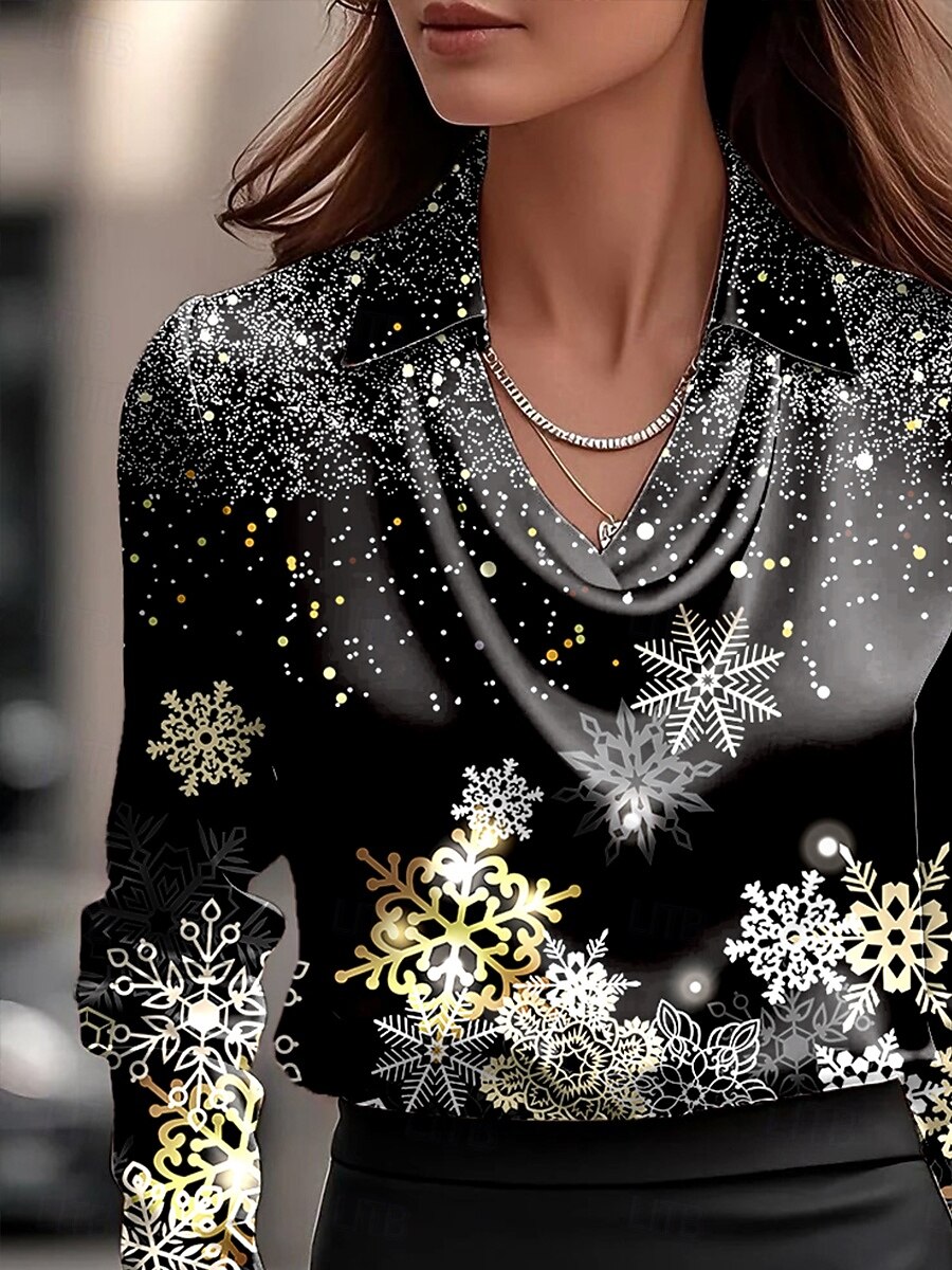 Weihnachten Damen Hemd Ombre Grafik Schneeflocke Elegant Stilvoll Lässig Langarm Wasserfallausschnitt Normale Oberteile Arbeit Party-Abendmode Täglich Gerafft Drapiert Schwarz Herbst Winter 2025 - $29.99 –P2