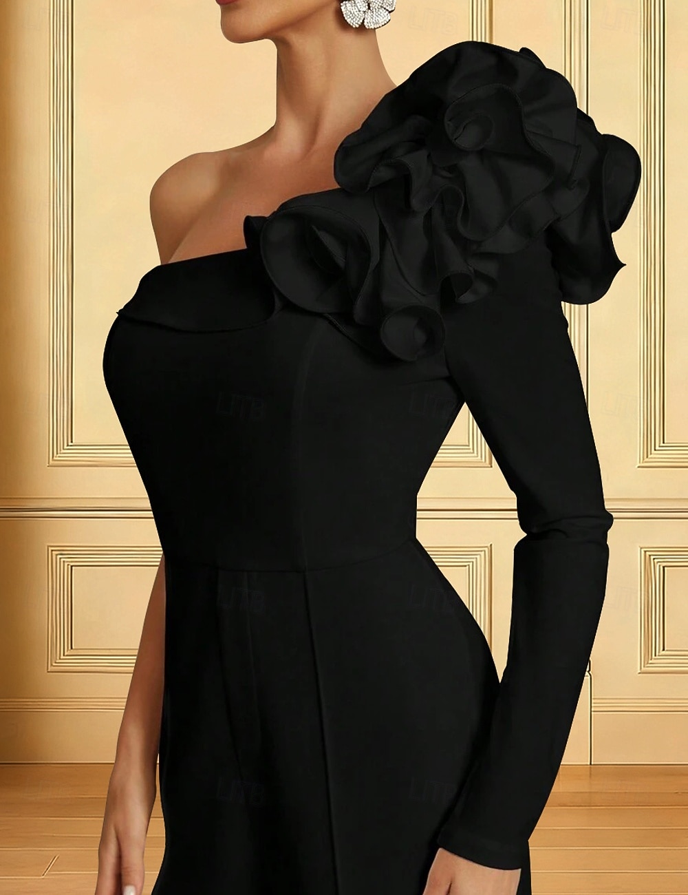 Overalls Bodenlang Brautmutterkleid Langarm Ein-Schulter Elegant Einfach Hochzeitsgast Formeller Abend Stretchstoff mit Blume Einfarbig 2026 - $142.99 –P3