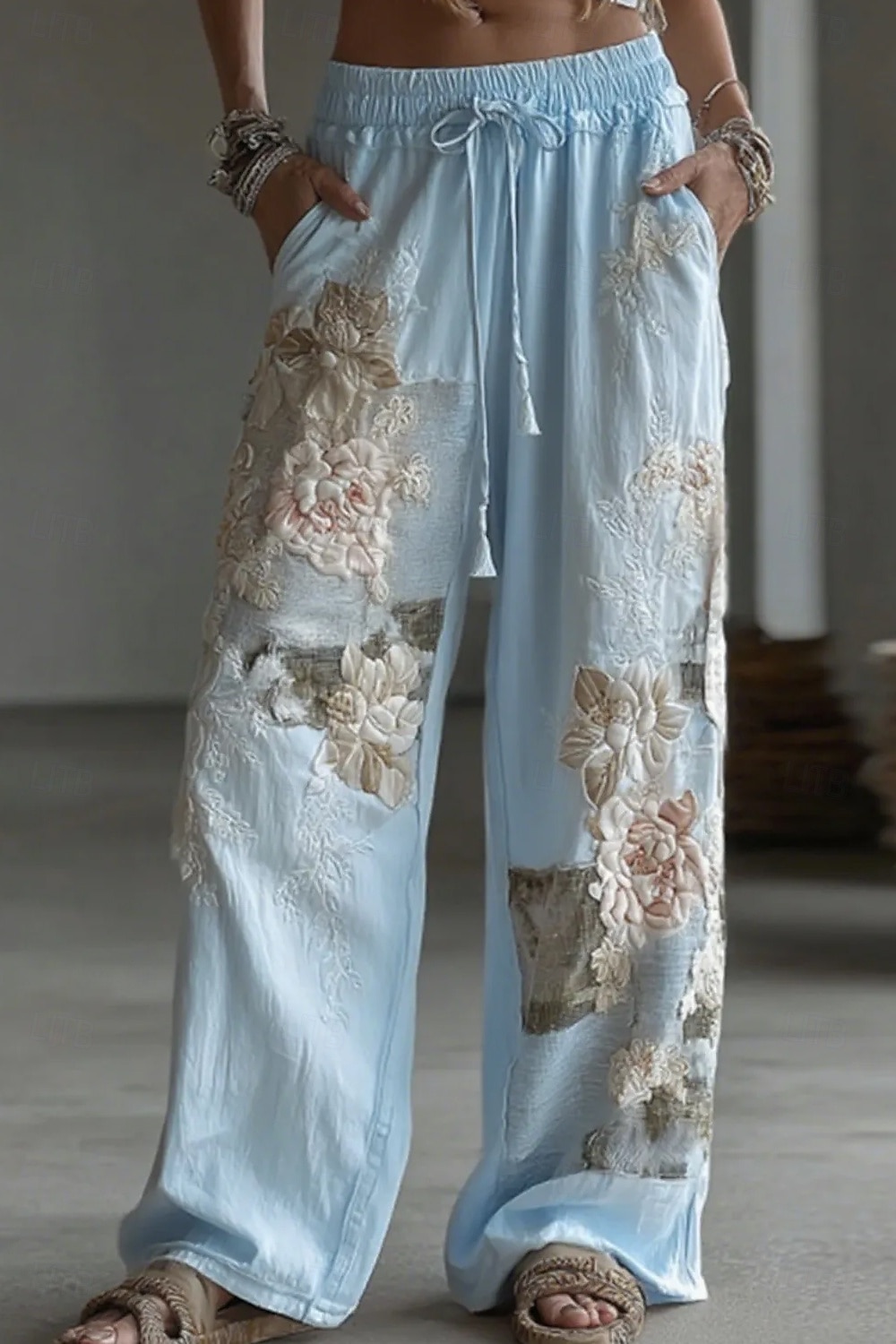 Culottes de Mujer de Lino Tipo Pierna Ancha Vacaciones Vintage Estilo Étnico Largo Completo Cintura Alta Floral Gráfico Secado Rápido Transpirabilidad Suave Inelástico Casual Exterior Vacaciones Azul 2026 - $44.99 –P3