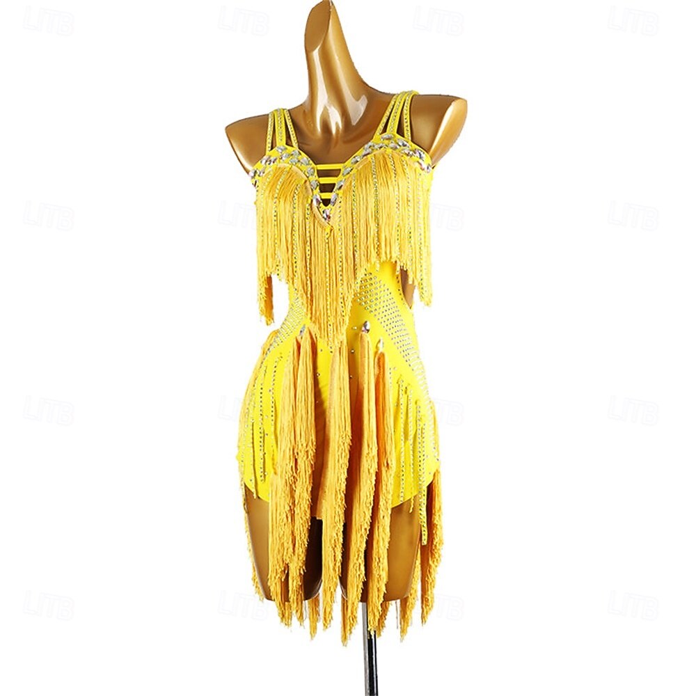 Women's Black Fringe Latin Dance Dress with Rhinestone Detailing, Sleeveless, and Crisscross Straps – Perfect for Salsa, Rumba, and Performance Wear 2026 - $222.79 –P11