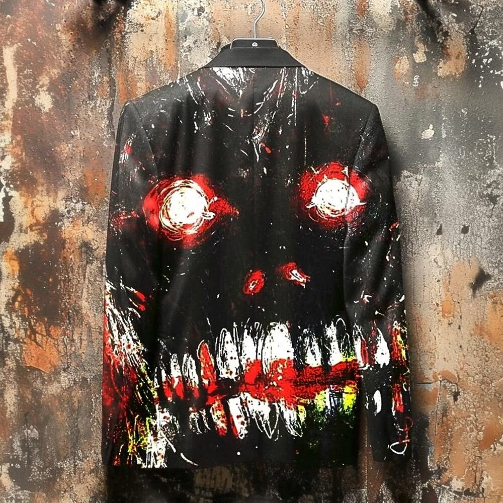 2025年 男性用 ブレザー コート ハロウィーン ストリート カジュアル カジュアル 普段着 秋冬 オールシーズン ポリエステル100% スカル 3Dプリント ボタン 保温 快適 シングルブレスト ブレザー ブラック  コレクション – $62.99 –P2