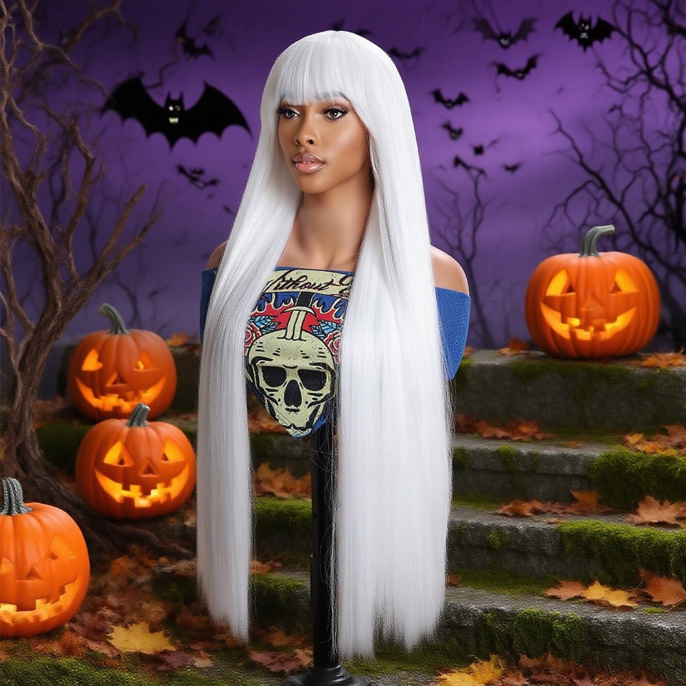 2026年 人工毛ウィッグ ストレート ナチュラルストレート ミドル部 ニートバング かつら 非常に長いです ホワイト 合成 36 インチ 女性用 ソフト 快適 白  コレクション – $40.99 –P3