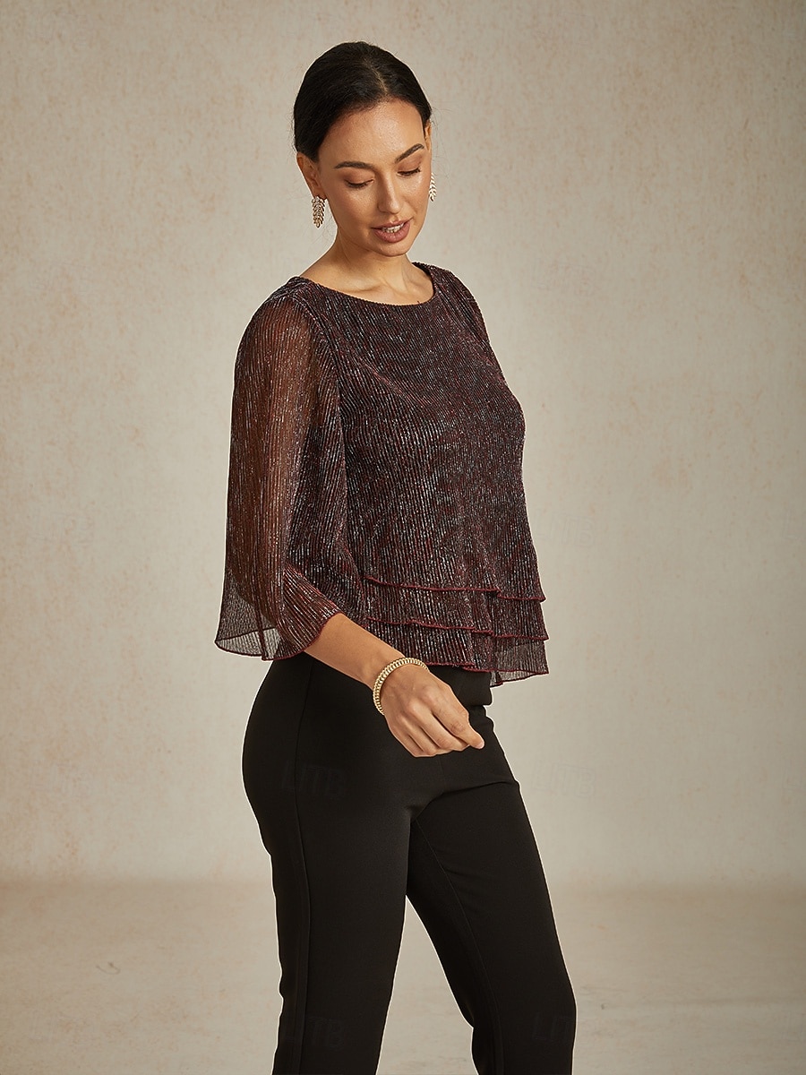 Women's Blouse Dressy Tops Flowy Tops Chiffon Tops Elegant Vintage Stylish 3/4 Length Sleeve Crew Neck Boat Neck Work Daily Date Night Outfits Sequins Pleated Patchwork Wine Spring Fall 2025 - $69.99 –P5